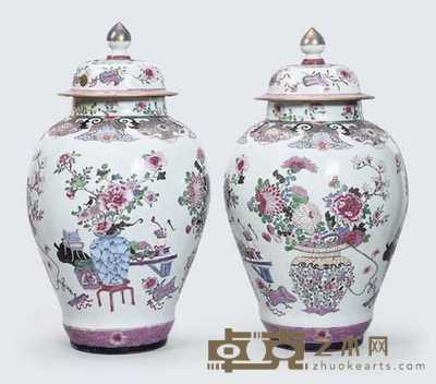 YONGZHENG (1723-35) A PAIR OF LARGE FAMILLE ROSE BALUSTER JARS AND COVERS